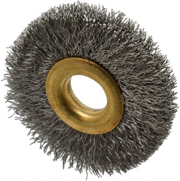 Value Collection - 2" OD, 1/2" Arbor Hole, Crimped Stainless Steel Wheel Brush - 5/16" Face Width, 1/2" Trim Length, 0.007" Filament Diam, 15,000 RPM - Benchmark Tooling