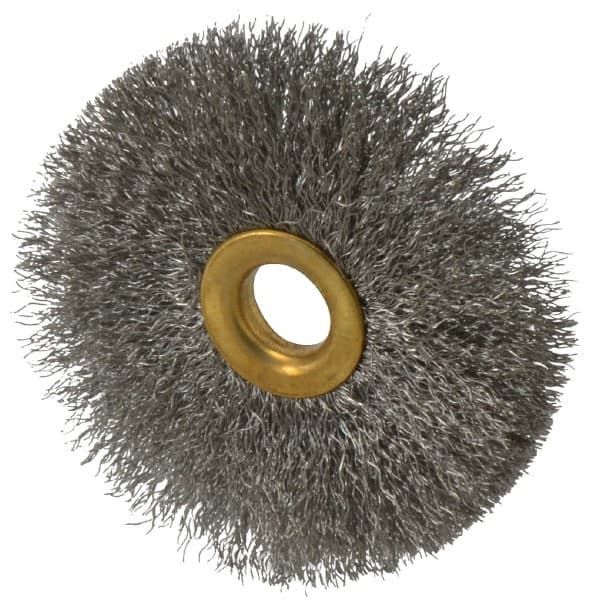 Value Collection - 3" OD, 1/2" Arbor Hole, Crimped Stainless Steel Wheel Brush - 3/8" Face Width, 1" Trim Length, 0.007" Filament Diam, 15,000 RPM - Benchmark Tooling