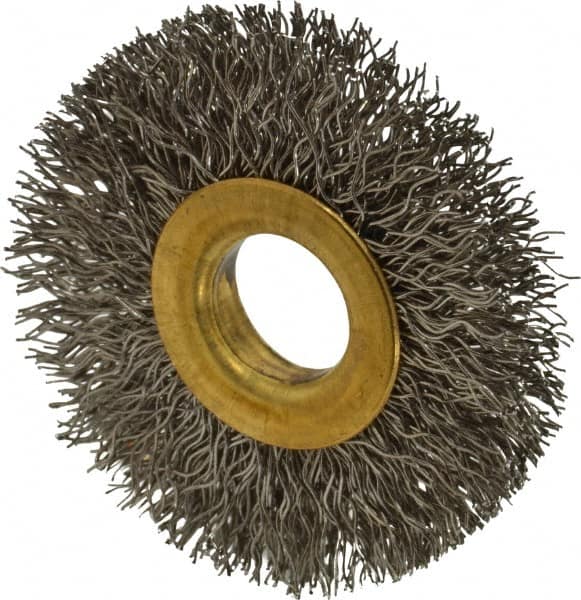 Value Collection - 2" OD, 1/2" Arbor Hole, Crimped Stainless Steel Wheel Brush - 5/16" Face Width, 1/2" Trim Length, 0.012" Filament Diam, 15,000 RPM - Benchmark Tooling