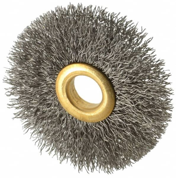 Value Collection - 2-1/2" OD, 1/2" Arbor Hole, Crimped Stainless Steel Wheel Brush - 3/8" Face Width, 3/4" Trim Length, 0.012" Filament Diam, 15,000 RPM - Benchmark Tooling