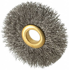 Value Collection - 2-1/2" OD, 1/2" Arbor Hole, Crimped Stainless Steel Wheel Brush - 3/8" Face Width, 3/4" Trim Length, 0.012" Filament Diam, 15,000 RPM - Benchmark Tooling