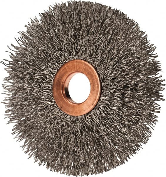 Value Collection - 3" OD, 1/2" Arbor Hole, Crimped Stainless Steel Wheel Brush - 3/8" Face Width, 1" Trim Length, 0.012" Filament Diam, 15,000 RPM - Benchmark Tooling