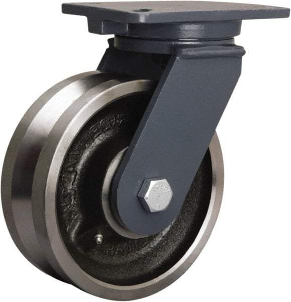 Hamilton - 8" Diam x 3" Wide, Forged Steel Swivel Caster - 4,000 Lb Capacity, Top Plate Mount, 5-1/4" x 7-1/4" Plate, Straight Roller Bearing - Benchmark Tooling