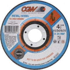 Camel Grinding Wheels - 24 Grit, 6" Wheel Diam, 1/8" Wheel Thickness, Type 27 Depressed Center Wheel - Coarse Grade, Aluminum Oxide, Resinoid Bond, 10,200 Max RPM - Benchmark Tooling
