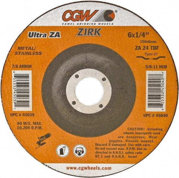 Camel Grinding Wheels - 24 Grit, 4-1/2" Wheel Diam, 1/4" Wheel Thickness, Type 27 Depressed Center Wheel - Coarse Grade, Zirconia Alumina, Resinoid Bond, 13,300 Max RPM - Benchmark Tooling