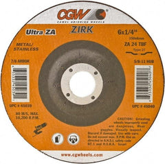 Camel Grinding Wheels - 24 Grit, 4-1/2" Wheel Diam, 1/4" Wheel Thickness, Type 27 Depressed Center Wheel - Coarse Grade, Zirconia Alumina, Resinoid Bond, 13,300 Max RPM - Benchmark Tooling