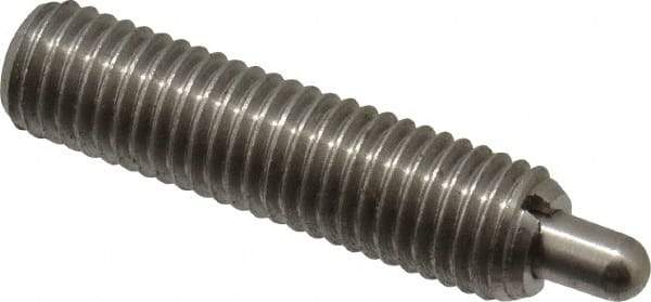 Vlier - 1/4-28, 1" Thread Length, 3/16" Plunger Projection, Stainless Steel Threaded Spring Plunger - 0.117 - 0.118" Max Plunger Diam, 1" Plunger Length, 3 Lb Init End Force, 13 Lb Final End Force - Benchmark Tooling