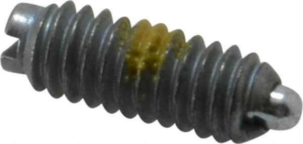 Vlier - 8-32, 7/16" Thread Length, 0.052" Plunger Projection, Steel Threaded Spring Plunger - 0.07" Max Plunger Diam, 0.437" Plunger Length, 0.5 Lb Init End Force, 1.5 Lb Final End Force - Benchmark Tooling