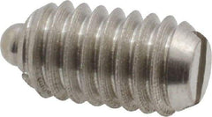 Vlier - 5/16-18, 9/16" Thread Length, 1/12" Plunger Projection, Stainless Steel Threaded Spring Plunger - 0.135" Max Plunger Diam, 0.562" Plunger Length, 3.75 Lb Init End Force, 15.5 Lb Final End Force - Benchmark Tooling