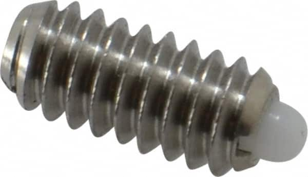 Vlier - 1/4-20, 17/32" Thread Length, 0.078" Plunger Projection, Stainless Steel Threaded Spring Plunger - 0.119" Max Plunger Diam, 0.531" Plunger Length, 1 Lb Init End Force, 3.5 Lb Final End Force - Benchmark Tooling