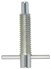 Vlier - M10x1.5 Thread, 2" Body Length, 3/8" Plunger Projection, 0.23" Plunger Diam, Stainless Steel, Locking T Handle Plunger - 1.2" Thread Length, 1-1/2" Handle Length, 1.7" Plunger Length, 2 Lb Initial End Force, 4 Lb Final End Force, - Benchmark Tooling