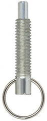 Vlier - 1/4-20, 0.8" Thread Length, 0.155" Plunger Diam, 1/4" Plunger Projection, 1 Lb Init to 2.5 Lb Final End Force, Stainless Steel Locking Pull Ring Plunger - 0.8" Len Under Head, 1.14" Body Len, 0.62" Ring Diam, 1.14" Plunger Len, 0.34" Head Height - Benchmark Tooling