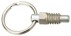 Vlier - M12x1.75, 0.43" Thread Length, 0.31" Plunger Diam, 0.38" Plunger Projection, 1 Lb Init to 4 Lb Final End Force, Stainless Steel Pull Ring Plunger - 0.56" Len Under Head, 0.81" Body Len, 1" Ring Diam, 1.06" Plunger Len, 12mm Hex, 1/4" Head Height - Benchmark Tooling