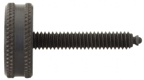 Vlier - 3/8-16 Knurled Shoulderless Swivel Pad Tip Steel Thumb Screw - 3-1/2" OAL, 1-1/4" Head Diam x 1/2" Head Height, Black Oxide Finish - Benchmark Tooling