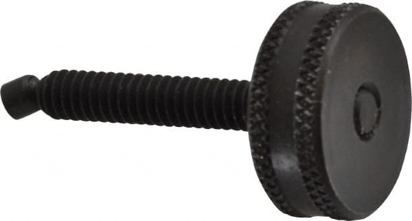 Vlier - 1/4-20 Knurled Shoulderless Swivel Pad Tip Steel Thumb Screw - 1-7/8" OAL, 1" Head Diam x 3/8" Head Height, Black Oxide Finish - Benchmark Tooling