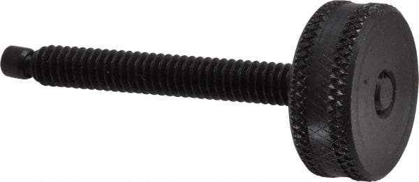 Vlier - 1/4-20 Knurled Shoulderless Swivel Pad Tip Steel Thumb Screw - 2-3/8" OAL, 1" Head Diam x 3/8" Head Height, Black Oxide Finish - Benchmark Tooling