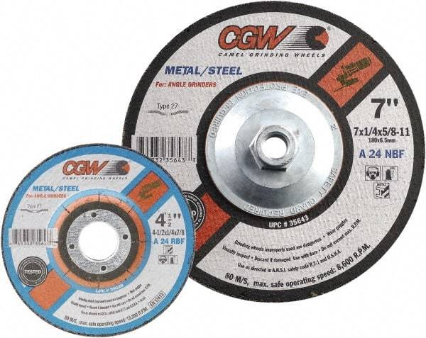Camel Grinding Wheels - 24 Grit, 6" Wheel Diam, 1/4" Wheel Thickness, 7/8" Arbor Hole, Type 27 Depressed Center Wheel - Coarse Grade, Aluminum Oxide, Resinoid Bond, 10,200 Max RPM - Benchmark Tooling