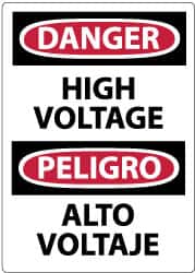 NMC - Accident Prevention Label, Header: DANGER - Legend: Danger - High Voltage, English & Spanish, Black, Red & White, 3" Long x 5" High, Sign Muscle Finish - Benchmark Tooling