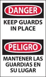 NMC - Accident Prevention Label, Header: DANGER - Legend: Danger - Keep Guards in Place, English & Spanish, Black, Red & White, 3" Long x 5" High, Sign Muscle Finish - Benchmark Tooling