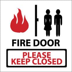 NMC - Fire Door - Please Keep Closed, Pressure Sensitive Vinyl Fire Sign - 7" Wide x 7" High, Glow-in-the-Dark - Benchmark Tooling
