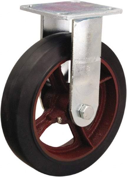 Hamilton - 8" Diam x 2" Wide x 9-1/2" OAH Top Plate Mount Rigid Caster - Rubber Mold on Cast Iron, 500 Lb Capacity, Straight Roller Bearing, 4 x 4-1/2" Plate - Benchmark Tooling