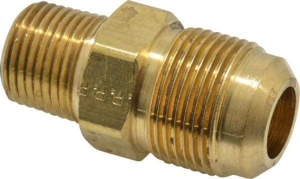 Parker - 3/4" Tube OD, 45° Brass Flared Tube Male Connector - 1/2-14 NPTF, Flare x MNPTF Ends - Benchmark Tooling