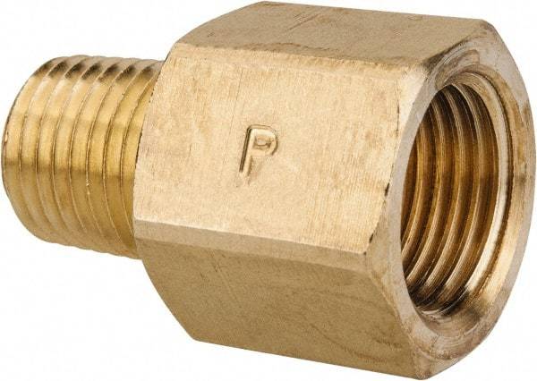 Parker - 3/8" Tube OD, 45° Brass Flared Tube Female Flare To Male Pipe - 1/4-18 NPTF, Flare x MNPTF Ends - Benchmark Tooling