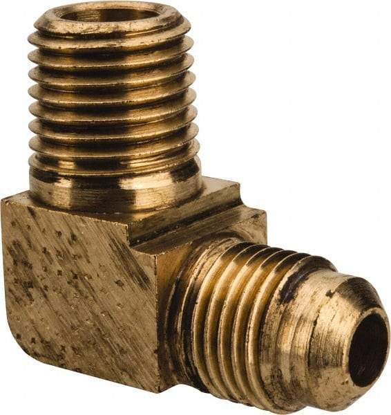 Parker - 5/16" Tube OD, 45° Brass Flared Tube Extended Male Elbow - 1/4-18 NPTF, Flare x MNPTF Ends - Benchmark Tooling