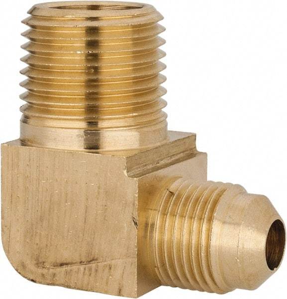 Parker - 3/8" Tube OD, 45° Brass Flared Tube Extended Male Elbow - 1/2-14 NPTF, Flare x MNPTF Ends - Benchmark Tooling