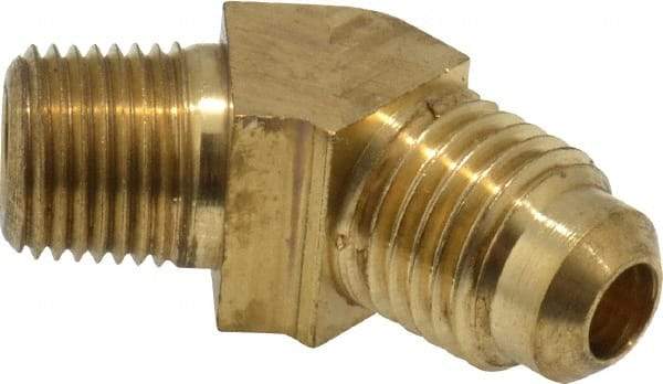 Parker - 1/4" Tube OD, 45° Brass Flared Tube Male 45° Elbow - 1/8-27 NPTF, Flare x MNPTF Ends - Benchmark Tooling