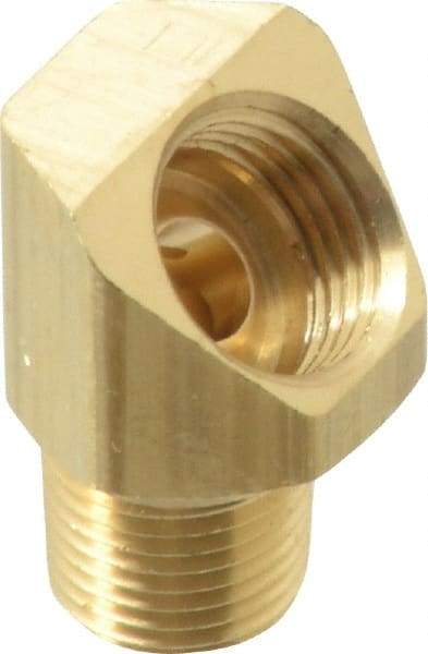 Parker - 1/4" Tube OD, Brass Flared Tube Inverted 45° Elbow - 1/8-27 NPTF, Flare x MNPTF Ends - Benchmark Tooling