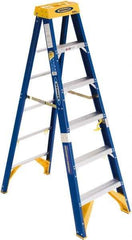 Werner - 6 Steps, 6' High, Type IAA Rating, Fiberglass Step Ladder - 375 Lb Load Capacity, 23-3/8" Base Width - Benchmark Tooling