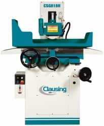 Clausing - 18 Inch Long x 8 Inch Wide Table, 3 Phase, Manual Floor Machine Surface Grinder - 2 hp, 3,450 RPM Spindle Speed, 230/460 Volts, 71 Inch Overall Length, 1-1/4 Inch Arbor Hole Diameter - Benchmark Tooling