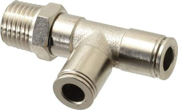 Value Collection - 1/4" Outside Diam, 1/4 NPT, Nickel Plated Brass Push-to-Connect Tube Male Run Tee - 150 Max psi, Tube to Male NPT Connection, Brass O-Ring - Benchmark Tooling