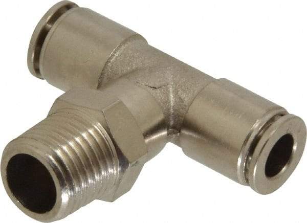 Value Collection - 1/4" Outside Diam, 1/4 NPT, Nickel Plated Brass Push-to-Connect Tube Male Branch Tee - 150 Max psi, Tube to Male NPT Connection, Brass O-Ring - Benchmark Tooling