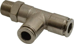 Value Collection - 1/4" Outside Diam, 1/8 NPT, Nickel Plated Brass Push-to-Connect Tube Male Run Tee - 150 Max psi, Tube to Male NPT Connection, Brass O-Ring - Benchmark Tooling