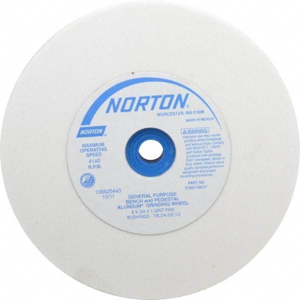 Norton - 100 Grit Aluminum Oxide Bench & Pedestal Grinding Wheel - 6" Diam x 1" Hole x 3/4" Thick, 4140 Max RPM, J Hardness, Fine Grade , Vitrified Bond - Benchmark Tooling