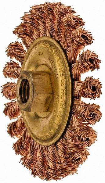 Ampco - 4" OD, 5/8-11 Arbor Hole, Knotted Phosphorus Bronze Alloy Wheel Brush - 3/8" Face Width, 9/16" Trim Length, 20,000 RPM - Benchmark Tooling