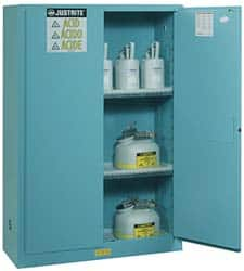 Justrite - 2 Door, 2 Shelf, Blue Steel Standard Safety Cabinet for Corrosive Chemicals - 65" High x 43" Wide x 18" Deep, Manual Closing Door, 3 Point Key Lock, 45 Gal Capacity - Benchmark Tooling