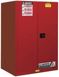 Justrite - 2 Door, 2 Shelf, Red Steel Standard Safety Cabinet for Flammable and Combustible Liquids - 65" High x 43" Wide x 34" Deep, Manual Closing Door, 3 Point Key Lock, 90 Gal Capacity - Benchmark Tooling