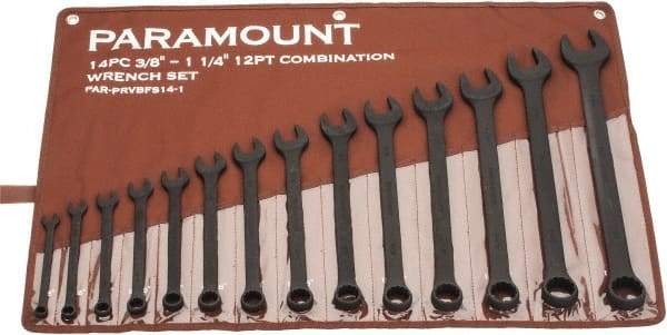 Paramount - 14 Piece, 3/8" to 1-1/4", Combination Wrench Set - Inch Measurement Standard, Black Oxide Finish, Comes in Canvas Roll - Benchmark Tooling