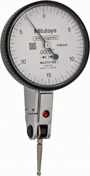 Mitutoyo - 0.03 Inch Range, 0.0005 Inch Dial Graduation, Horizontal Dial Test Indicator - 1.5748 Inch White Dial, 0-15-0 Dial Reading, Accurate to 0.0005 Inch - Benchmark Tooling