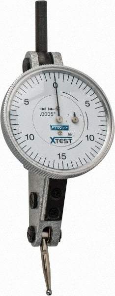 Fowler - 0.06 Inch Range, 0.0005 Inch Dial Graduation, Horizontal Dial Test Indicator - 1-1/2 Inch White Dial, 0-15-0 Dial Reading - Benchmark Tooling