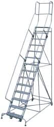 Cotterman - 182" 14 Step Rolling Warehouse Ladder - Knocked Down, 450 Lb Capacity, 140" Platform Height, 44" Base Width x 198" Base Depth, Perforated Tread - Benchmark Tooling