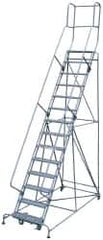 Cotterman - 182" 14 Step Rolling Warehouse Ladder - Knocked Down, 450 Lb Capacity, 140" Platform Height, 44" Base Width x 198" Base Depth, Perforated Tread - Benchmark Tooling