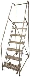 Cotterman - 100" 7 Step Rolling Warehouse Ladder - Assembled, 450 Lb Capacity, 70" Platform Height, 30" Base Width x 53" Base Depth, Perforated Tread - Benchmark Tooling