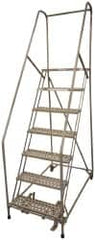 Cotterman - 100" 7 Step Rolling Warehouse Ladder - Assembled, 450 Lb Capacity, 70" Platform Height, 30" Base Width x 53" Base Depth, Perforated Tread - Benchmark Tooling