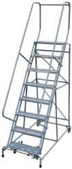 Cotterman - 110" 8 Step Rolling Warehouse Ladder - Assembled, 450 Lb Capacity, 80" Platform Height, 24" Base Width x 61" Base Depth, Perforated Tread - Benchmark Tooling