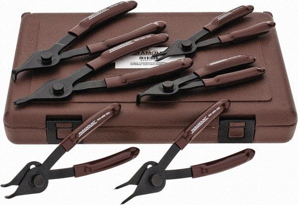 Paramount - 6 Piece, 3/8 to 1-3/4" Bore, 1/8 to 1-7/16" Shaft, Internal/External Retaining Ring Pliers Set - 0.038 to 0.07" Tip Diam Range - Benchmark Tooling