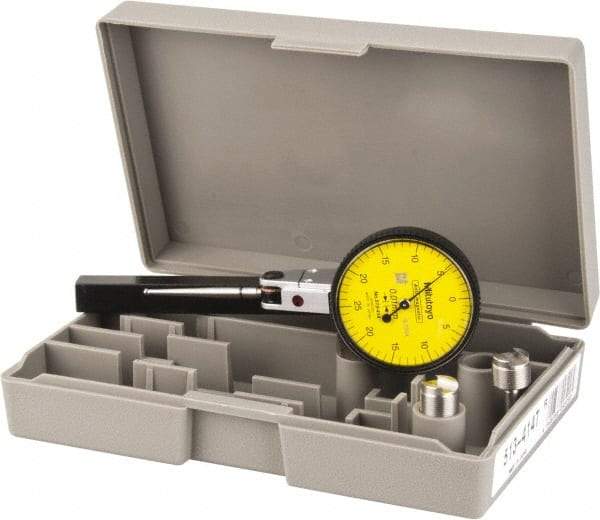 Mitutoyo - 1/2 mm Range, 0.01 mm Dial Graduation, Horizontal Dial Test Indicator - 1.5748 Inch Yellow Dial, 0-25-0 Dial Reading, Accurate to 0.01 Inch - Benchmark Tooling